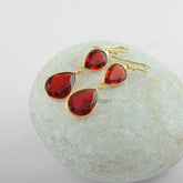 Garnet Quartz Pear Gemstone Drop Earring - Micron Gold Plated 925 Silver Dangle Earring - Handmade Jewelry for Women - Birthday Gift Earring